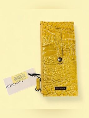 Brahmin Mustard Croc-Embossed Leather Card Wallet with ID Window